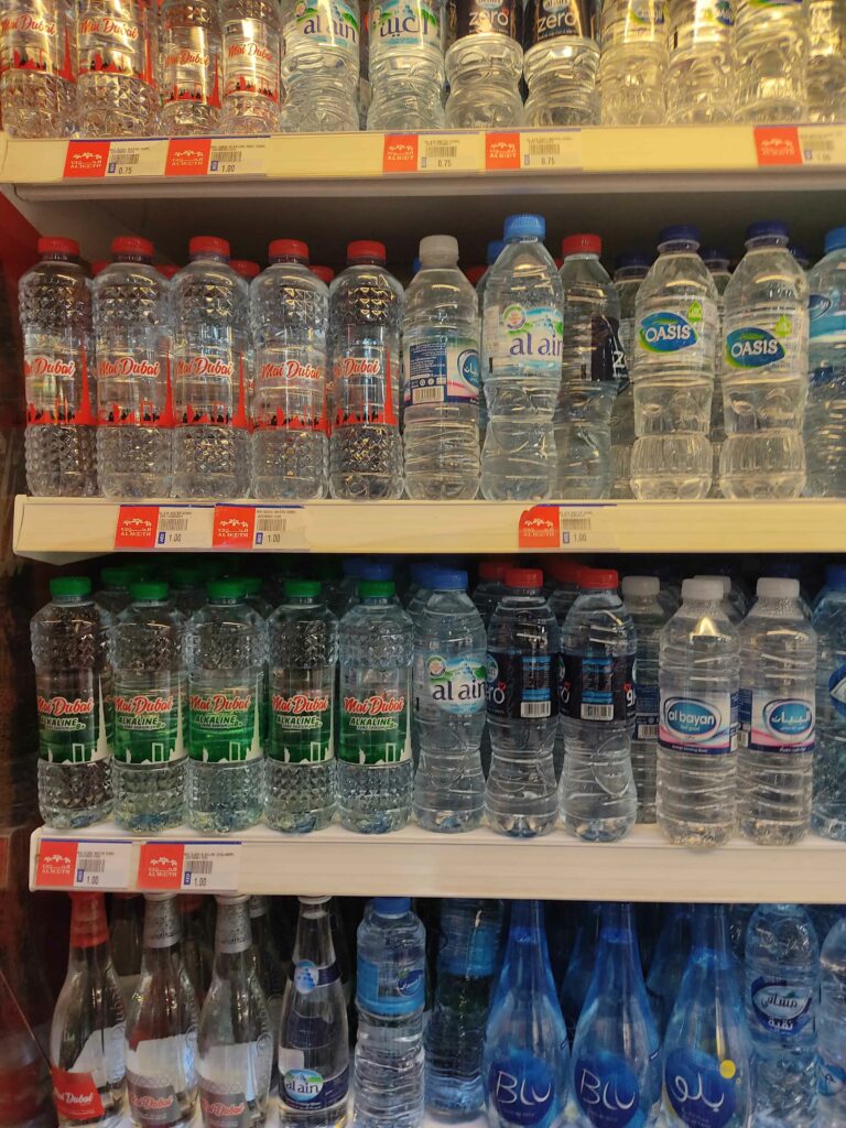 bpa free bottled water on supermarket shelf